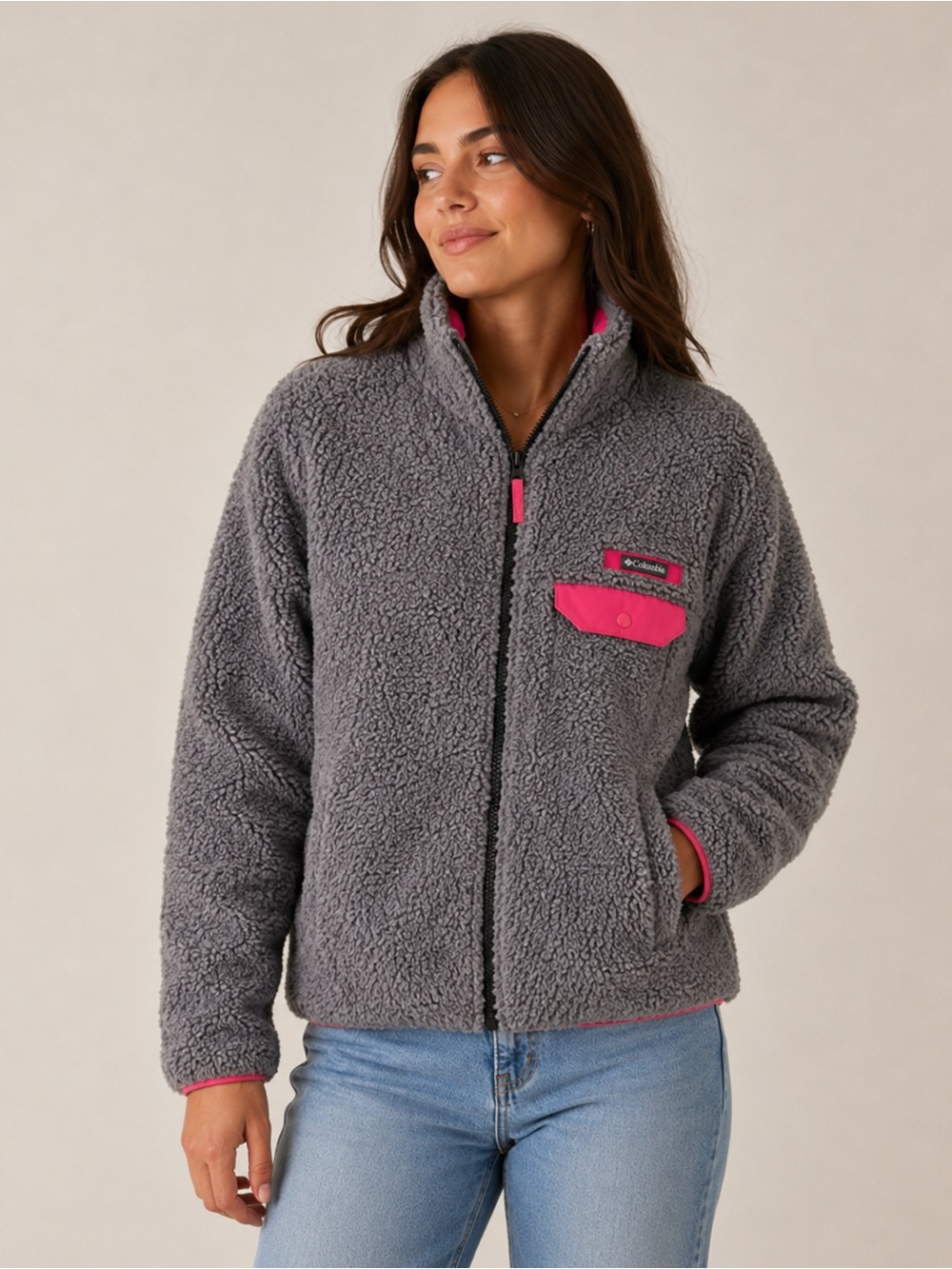 COLUMBIA Mountain Side Sherpa Jacket Gray Pink Women's Sz M Zipper